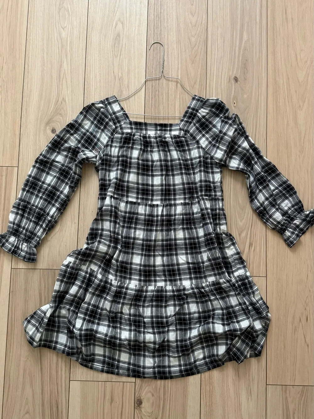 GAP Girls Black & White Plaid Long-Sleeve Tiered Dress